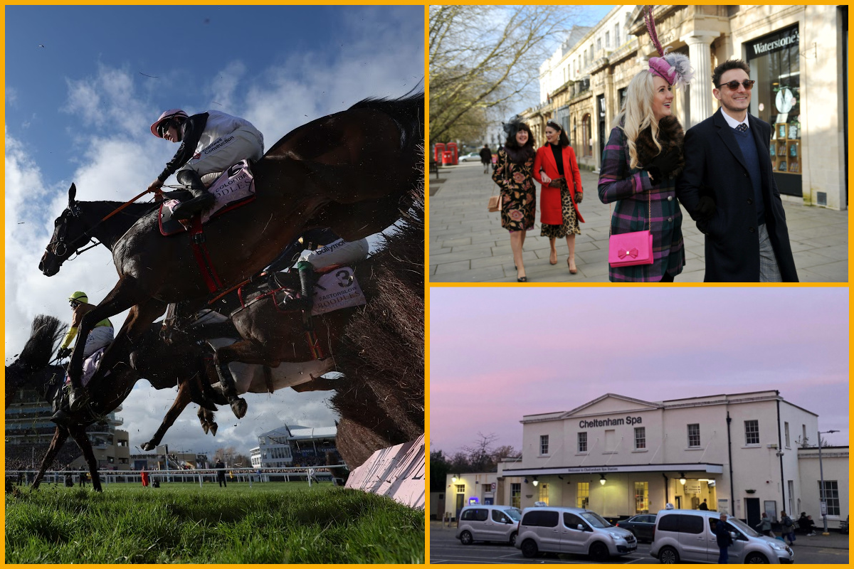 Images (left to right) horse racing, racegoers walking through town, Cheltenham Spa Station.